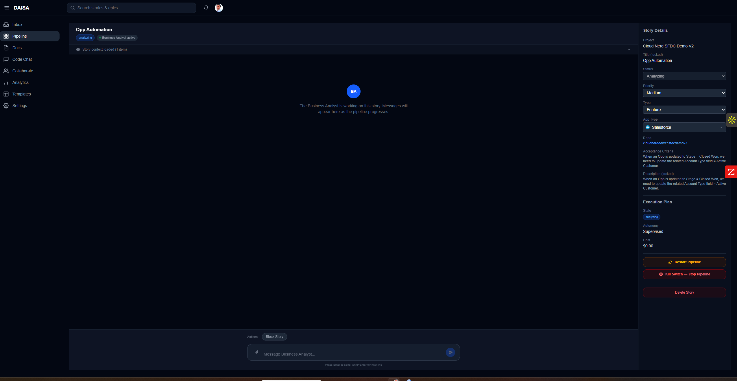 DAISA Pipeline — Story in flight